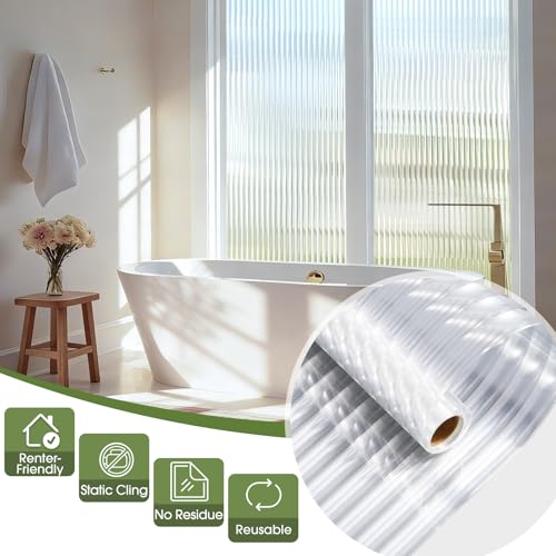 Beautyhero Reeded Glass Window Film, 3D Fluted Privacy Film for Glass Windows, Static Cling Decorative Door Coverings for Bathroom, Renter Friendly Heat Blocking Home Tint with 3 Tools, 17.5 x 78.7” - color: Clear, size: 17.5 x 78.7 Inch