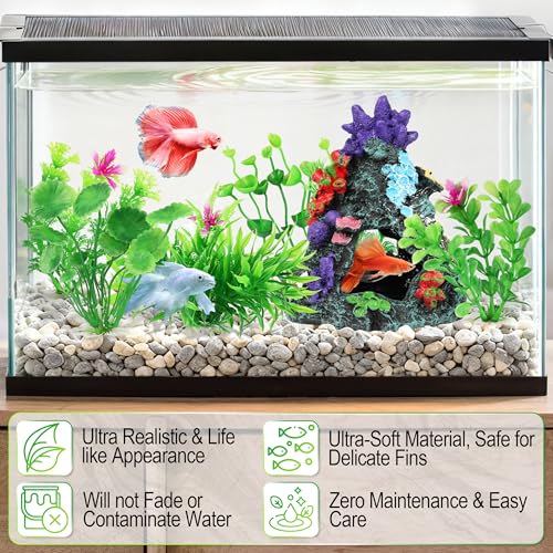 MyLifeUNIT Fish Tank Decorations, 7 Pieces Aquarium Plants Set with Coral Reef Decoration Mountain Cave Ornament for Betta, Goldfish, Shrimp to Breed, Play and Rest (Green) - color: Green