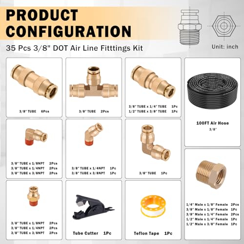 CheeMuii 3/8 Brass DOT Air Fittings With 100 FT 3/8" DOT Air Line Kit Quick Connect Air Line Fittings and Black Pneumatic Tubing for Semi Truck Trailer or Industrial Air Syste - color: black & gold, size: 3/8"100ft-35pcs