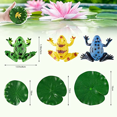 Hungdao 48 Pieces Mini Plastic Frog Toys ＆ Artificial Lily Pads, Include Colorful Realistic Frogs Rainforest Animals Pond Toys ＆ Floating Foam Leaves for Kids Sensory Bin Water Table Pool Cake Decor