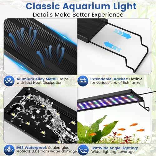 AQQA Aquarium Plant Light Full Spectrum LED Fish Tank Light IP68 Waterproof with 24/7 Natural Mode & DIY RGBW Mode, 9 Colors & 10-Level Brightness Adjustable, 6 Timer Settings for 48"-55" Tank (55W) - size: 48-55inch