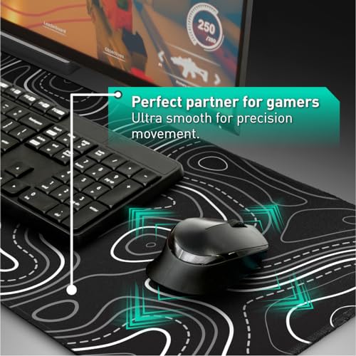 Pixiecube Minimalist Topographic Map Mouse Pad - Contour Extended Large Stitch Edge Mousepad. Black & White Non-Slip XXL Gaming Desk Mat - color: Black Topographic, size: 31.5L x 11.8W inches