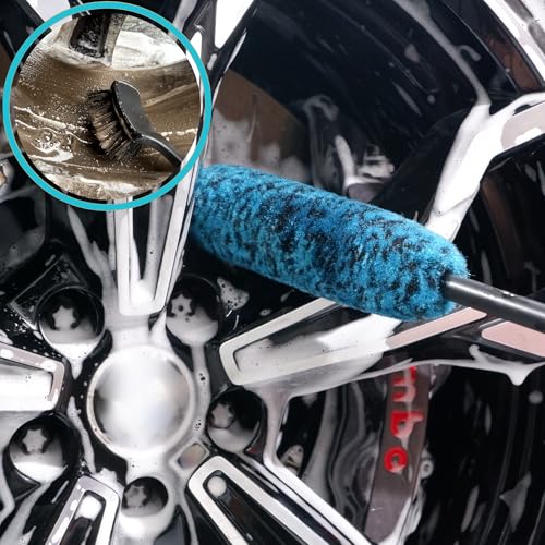 oesee PRO Choice 4 Pack Long Handle Wheel Brush Kit for Cleaning Wheel and Tire- 2X Soft Wheel Cleaning Brush, Detailing Brush and Stiff Tire Brush - color: 4 Pack (Blue & Black)
