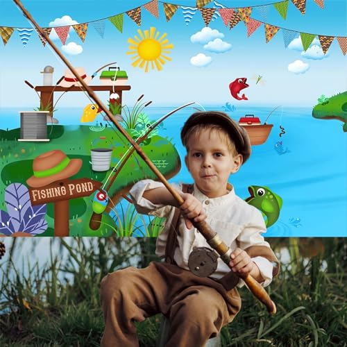 Renaiss 10x8ft Fishing Pond Backdrop for Photoshoot Boys Girls Kids Portrait Bunting Boat Fishes Green Bank Blue Sky Photography Background Baby Shower Newborn Birthday Party Decors Photo Studio Props - size: 10x8ft