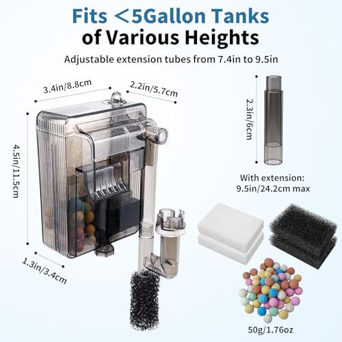 Small Fish Tank Filter for 3-5 Gallon Aquarium, USB Powered Quiet Hang On Back Filter with Upgraded 3-Stage Filtration System (Sponge & Quartz Balls), Adjustable Flow & Extra Media Set Included