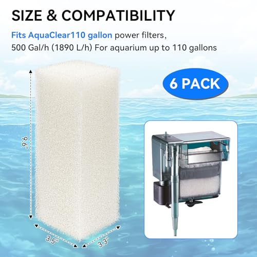 6 Pack Foam Insert Replacement for AquaClear 110 Power Filte 500 GPH Power Filter Sponge Aquarium Filter Media Pad Compatible with Aqua Clear 110 for 60 to 110 Gallons Fish Tank (Part#A623)