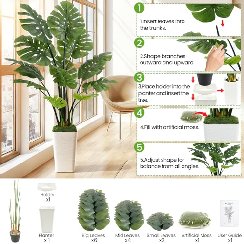 UPBUD Artificial Monstera Deliciosa Plant, 5FT Fake Tropical Monstera Tree with White Pot & 12 Lifelike Leaves, 60in Tall Faux Floor Trees Fake Plants for Indoor Outdoor Office Living Room Decor - color: Green Leaves White Planter