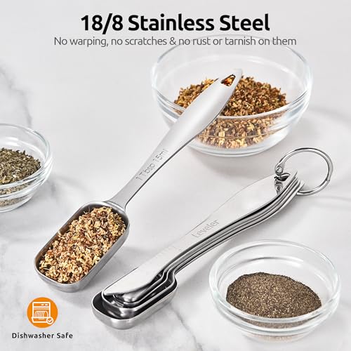 U-Taste Narrow Square Measuring Spoons: 18/8 Stainless Steel Kitchen Measure Teaspoon Tablespoon with Leveler, Polygon Rectangular Metal Jar Scoop for Baking Cooking, Coffee, Spice, Powder (Set of 8) - size: 7 Spoons+1 Leveler