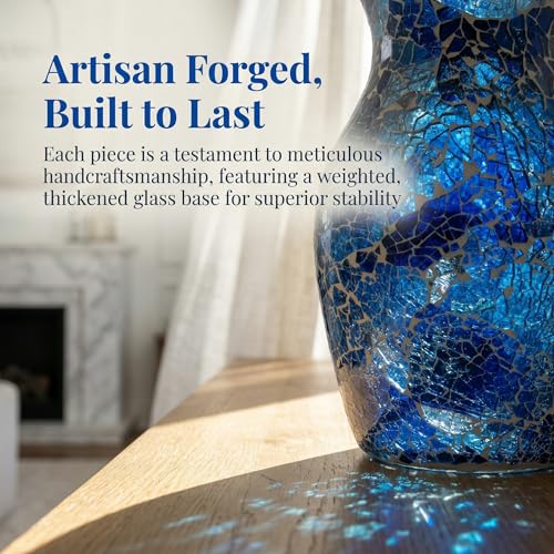 8" Deep Blue Mosaic Vase, Klein Blue Glass Flower Vase with Silver Wave Crest Design, Hand-Pasted Ocean Art Centerpiece for Modern Home, Living Room & Office - color: Klein Blue