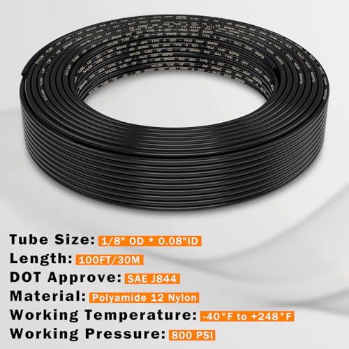 CheeMuii 1/8 DOT Air Line 100 FT 1/8" PA12 Nylon Pneumatic Tubing 30.5 Meter 1/8 Inch OD Pneumatic Air Tubing Pipe Hose Line for Semi Truck Trailer or Industrial Air System - color: Black, size: 1/8"OD-100FT