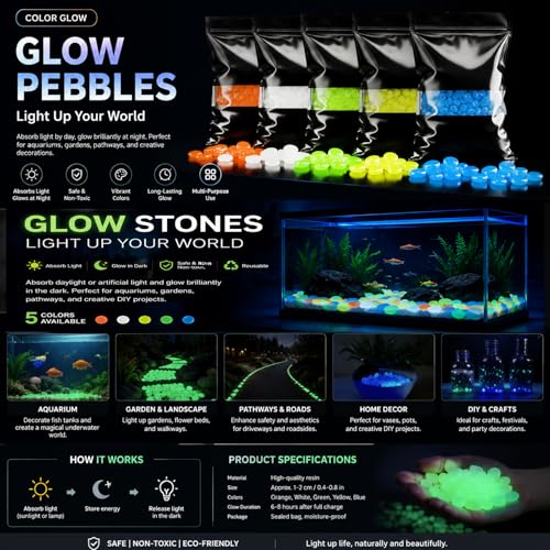 GOODTAKE Glow in The Dark Pebbles for Yard Garden, Driveway, Walkways, Aquarium, Plant Pots, Bonsai, Fish Tank Decor - Glow Stones, Glowing Rocks for DIY Decorative - Luminous Stones (White, 300 Pcs)