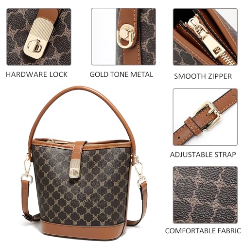 FOXLOVER Coated Canvas Bucket Crossbody Bags for Women Top-Handle Handbags Small Satchel Purse Trendy Twist Lock - color: Coffee a