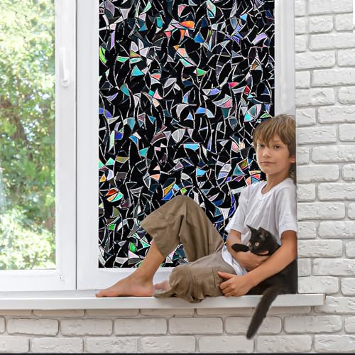 QHY Sunshine Total Blackout Window Film Privacy， Frosted Glass Window Film，Black Window Tint， No Glue， Detachable, no Marks, Suitable for Repeated use (Black Rainbow, 35.4 in X 78.7 in) - color: Black Rainbow, size: 35.4 in X 78.7 in