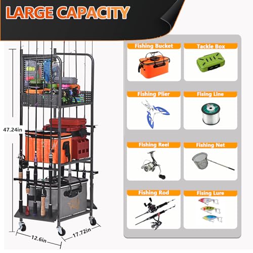 Heavy Duty Fishing Rod Rack, Fishing Organizer for Garage, Fishing Gear Holder for Garage with Movable Wheels - size: 10 Rods & Pegboard
