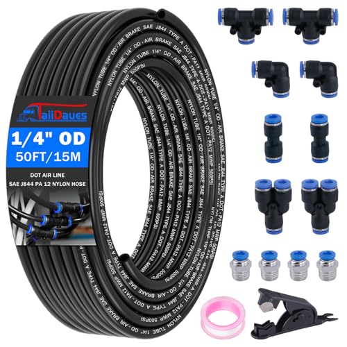 1/4" Air Line Tubing Kit,1/4" OD DOT Air Line 50 FT(15 m) SAE j844 PA Nylon Air Hose Tube and Push to Connect Fitting for Air Brake System Or Fluid Transfer,15 Pcs Compressed Accessories Kit