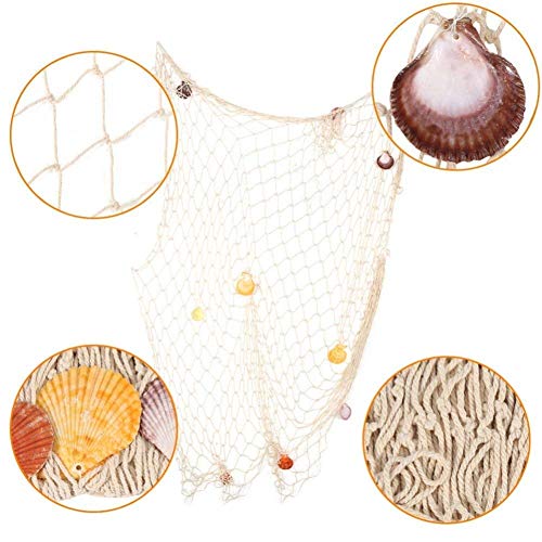 Rosoz Nature Fish Net Wall Decoration with Shells, Ocean Themed Wall Hangings Fishing Net Party Decor for Pirate Party,Wedding,Photographing Decoration - color: Beige