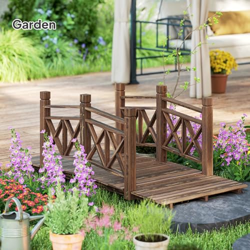 Outsunny 5 ft. Wooden Garden Bridge with Safety Rails, Backyard Bridge Footbridge for Ponds, Creeks, Streams, Carbonized - color: Carbonized