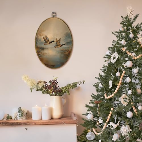 XFCICRLJ Vintage Fall Flying Mallard Duck Wall Art Decor, Rustic Farmhouse Oval Canvas Prints Framed, Cottagecore Farm Animals Landscape Wall Art Decorations for Home Bedroom Living Room Decor, 11x8.5 Inch - color: Duck03