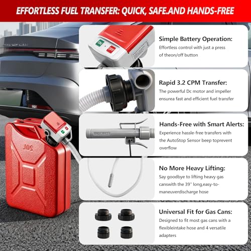 Fuel Transfer Pump (3.2GPM),Gas Can Pump with Hand Nozzle for Quick Stop Flow Control,51" Hose Automatic Gas Pump with 4 Gas Can Fittings, Battery Powered Portable Siphon Pump for Oil,Gasoline, Diesel