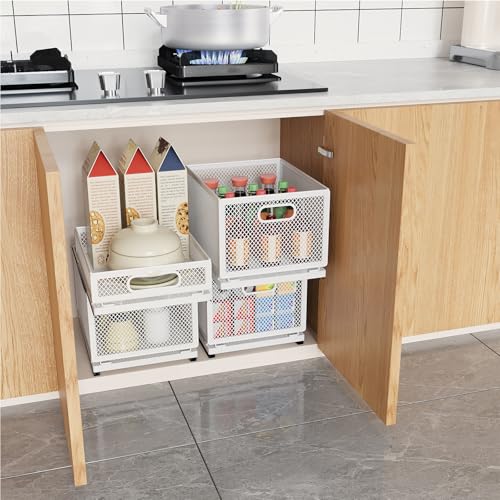 Pull Out Cabinet Organizer, Slide Out Drawers Fixed with Adhesive Nano Film, Pantry Shelves Sliding Drawer Storage Organization for Kitchen (Double Layer 19.7 * 13.8 * 12.6inch/50 * 35 * 32cm) - size: 19.7*13.8*12.6inch/50*35*32cm