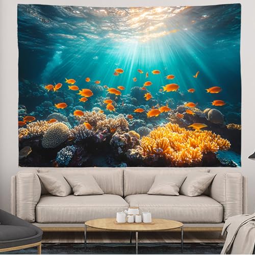WODEJIA 3D Underwater Coral Reef Tapestry, Ocean Sunlight Fish Wall Hanging Tapestry for Bedroom Living Room Dorm, Large Blue Aquarium Marine Life Wall Art Tapestries Home Decoration（79“x59”Inches） - color: Marine Coral, size: 79"L x 59"W