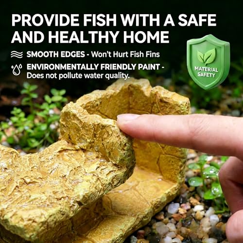 Aquarium Cave - Natural Resin Rock-Like Fish Tank Decorations & Accessories, 5.1” x 2” x 2.7” Safe Betta Hide & Tunnel for Guppy, Neon Tetra, Corydoras Catfish - Tank Decor - color: Rock Yellow