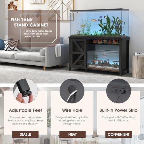 OC Orange-Casual 55-75 Gallon Aquarium Stand with LED Lighting & Power Outlets - Heavy Duty Metal Fish Tank Cabinet with Adjustable Shelves, 1000LB Capacity, Black