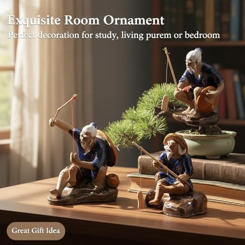 3 PCS Fisherman Statue Fishing Ornament Bonsai Accessory Tree Pot Chinese Clay Man Ceramic Garden Decoration Fish Tank Bonsai Garden Decoration