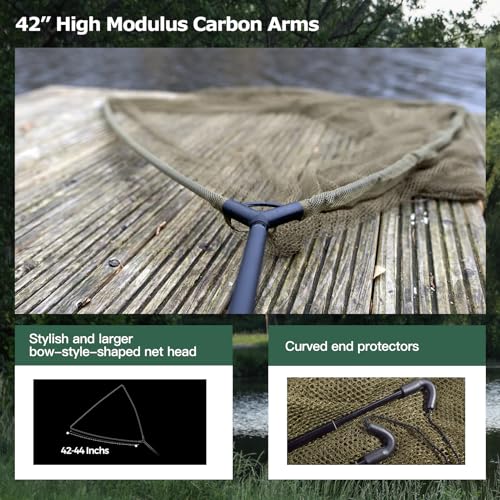 Landing Net for Carp Fishing, 42 Inch Extra Large Fishing Net, 6 Feet Carbon Fiber Long Handle Saltwater Big Fish, Holds Up to 88lbs/40kgs, Olive Green, Supplied with Carry Bag