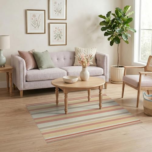 4'x6' Washable Geometric Stripe Accent Rug, Cream Non-Shedding Small Carpet for Playroom, Bedroom, Reading Nook, Pet Friendly & Kids Safe Play Mat | Ref:1993949 - color: Beige/Pattern 23, size: 4' x 6' (Rectangular)