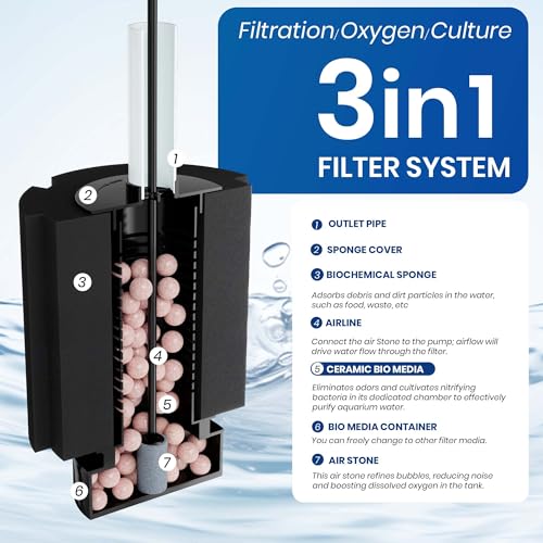 50-80 Gal Aquarium Sponge Filter with Ceramic Media and Bubble Diffuser Ultra Quiet Fish Tank Filters fit Breeding Fry Betta Shrimp Fish Tank (Medium(6 Pack) for 50-80 Gallon) - size: Medium(6 Pack) for 50-80 Gallon