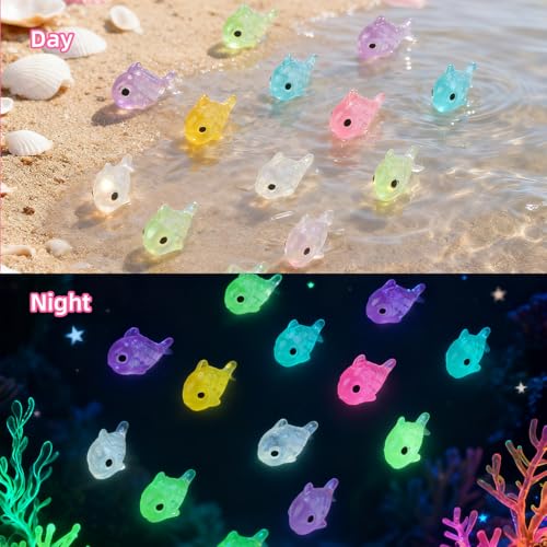 60Pcs Luminous Mini Resin Fish,Mini Resin Animals Figures,Miniature Glow in The Dark Ornament for Garden Landscape Aquarium Dollhouse Birthday Party Room Crafts DIY Decoration