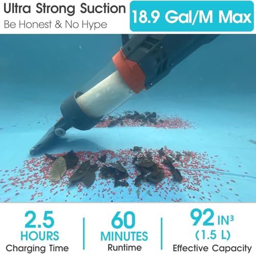 Cordless Pool Vacuum-25 Micron Fluff Ultra Fine Filter, 98inch,True Powerful Suction 18.9GPM,1H Runtime, Handheld Rechargeable Hot Tub Cleaner with Poles for Above Ground&Inground Pool - color: Gray