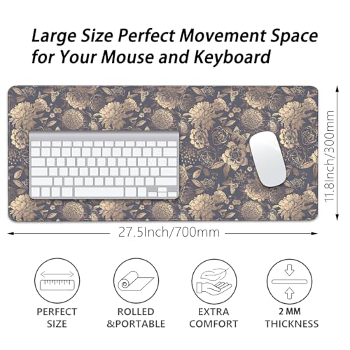 Vintage Roses and Peonies Desk Pad Mouse Pad,Dark Floral Mouse Mat with Stitched Edges,Non-Slip Rubber Base Black Mousepad for Office PC Keyboard Laptop and Home Work Desk Mat(27.5X11.8 in) - color: Retro Flowers