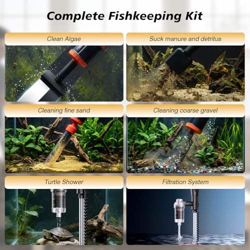 AKKEE Aquarium Vacuum Gravel Cleaner Handle Control, 8 in 1 Multifunctional 36W Electric Fish Tank Cleaner Vacuum for Automatic Water Change, Wash Sand, Water Circulation and Timed Off，Orange