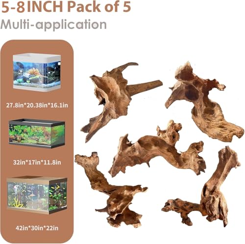 Natural Small Aquarium Driftwood for Fish Tanks & Reptile Terrariums – 100% Safe Fish Tank Decorations, Unique Twisted Branches 5-Piece 4-8 Inch Low Tannin, Easy to Sink - size: Mopani Driftwood 4 to 8 Inch (Pack of 5)