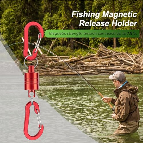 Magnetic Net Release Fly Fishing Net Retractor Magnetic Keychain, for Fly Fishing with Retractable Coiled Lanyard Carabiner - color: Red Aluminum