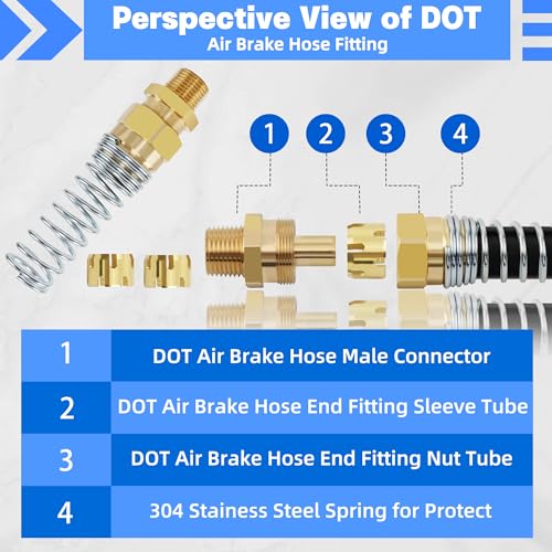 1/2” Hose x 1/2” Male Connector with Spring Guard, Dzakoot 2 Pack Air Brake Hose End Fitting with 2 Pack 1/2” Sleeve Tube - size: 1/2" Hose X 1/2" Male, style: 4PCS KIT