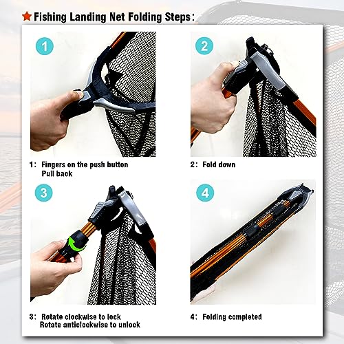 Fiblink Folding Aluminum Fishing Landing Net Fish Net with Extending Telescoping Pole Handle - style: Orange--extend Length: 59-118 Inches