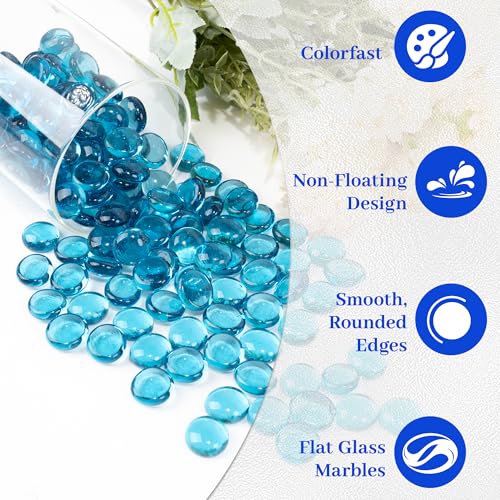 Sea Blue Flat Glass Marbles, 0.97 lb Transparent Vase Filler Pebbles Gems, Decorative Glass Beads for Vases, Crafts, Floral, Mancala Stones, Aquarium Rocks for Fish Tank, Approx.0.6"-0.8" - color: Sea Blue