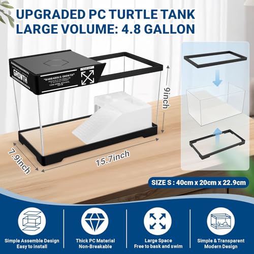 GOZILLA Turtle Tank Kit(Tank+Lamp+Filter), Upgrade PC Turtle Tank Starter Kit with Adjustable Lamp & Filter, Reptile Habitat with Lid, Basking Platform for Small Reptiles.(15.75 × 7.9 × 9''/Black Kit) - color: Medium-Black-KIT