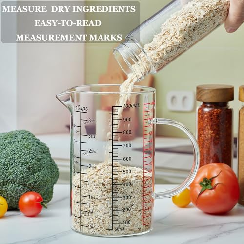 Ackers BORO3.3 Glass Measuring Cup-[Insulated handle | V-Shaped Spout]-Made of High Borosilicate Glass Measuring Cup for Kitchen or Restaurant, Easy to Read, 1000 ML (32 Oz, 4 Cup) - size: 1000ml/32OZ