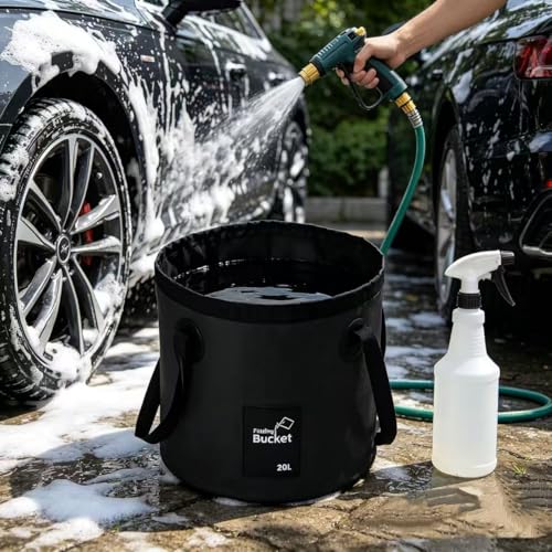 3 Pcs 20L (5-Gallon) Collapsible Bucket Set,Foldable PVC Bucket with Handles for Camping, Hiking, Fishing, Car Washing and Outdoors (Black, Orange, Blue)