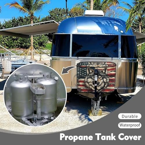 RV Propane Dust Cover American Flag Wolf Camper Propane Tank Cover,Fits 20LB Dual Propane Tanks Purple Totem Weather Resistant Gas Cylinder Cover - color: American Flag Wolf, size: Small-Double 20LB