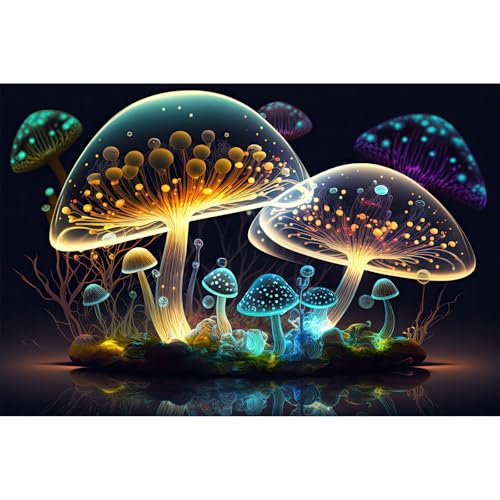 Mushroom Aquarium Background Abstract Glowing Fantasy Mushrooms Terrarium Background Mysterious Forest Magical Night In Circle Shape Crystal Glass Fish Tank Backdrop Decorations Vinyl 24x12in - color: Light Orange, size: 24(W)x12(H)in