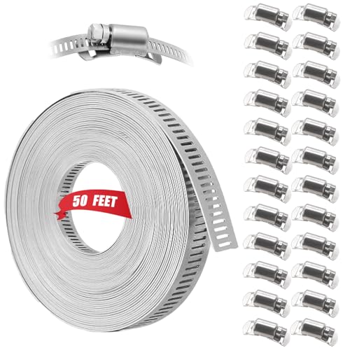 Dianrui DIY Hose Clamps 50FT 304 Stainless Steel Metal Strap + 24PCS Stronger Fasteners Assortment Kit Softsteel Large Adjustable Pipe Clamps Band Clamp for Pipe Automotive Mechanical - size: 50FT