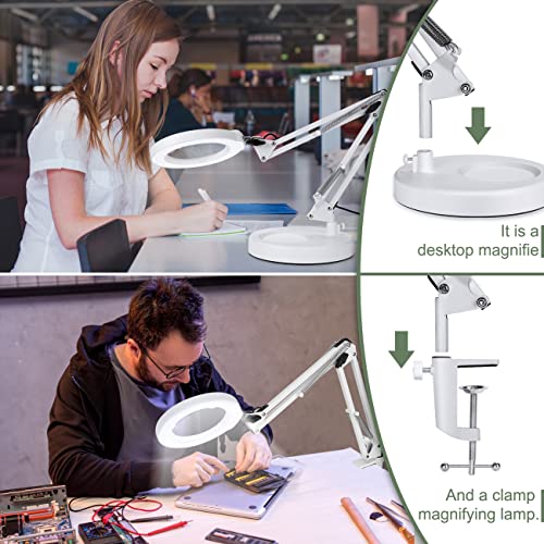 12X Magnifying Glass with Light and Stand, Upgrade Button 5 Color Modes Stepless Dimmable, 2-in-1 LED Lighted Magnifier Light, Hands Free Desk Lamp with Clamp for Craft Hobby Close Work - White - color: White, size: 12X 17.8inch Base & Clamp