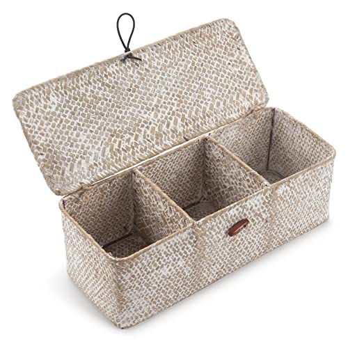 Seagrass Storage Basket with Lid Rectangular Small Woven Shelf Baskets with Sections for Organize Snack Toys Whitewash - color: Whitewash 3 Sections
