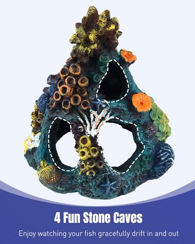 Uniclife Aquarium Decor, Fish Tank Decorations, Realistic Resin Coral Reef Rock Ornament & Plants Set for Fish Tank Decor, Colorful Aquarium Cave Decorations for Freshwater & Saltwater Tanks - style: Green Coral Tower + Purple Seaweed