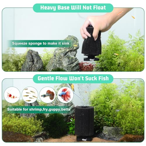 hygger Self-Sinking Sponge Filter for 3–30 Gallon Aquarium, Air Powered Foam Filter for Freshwater & Saltwater Tanks, Betta & Shrimp Safe - size: S